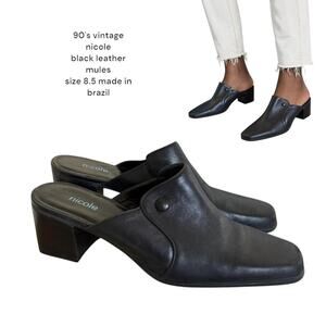 90's vintage NICOLE black Square toe leather Mules Slides size 8 1/2.